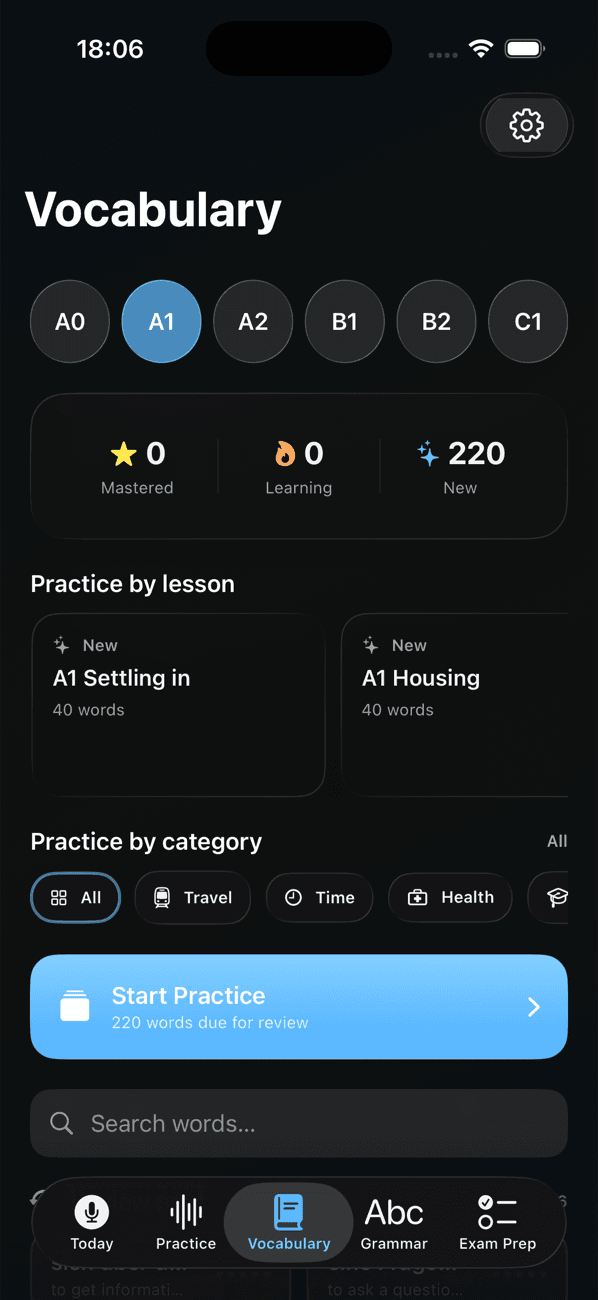 GermanUp vocabulary practice on iPhone